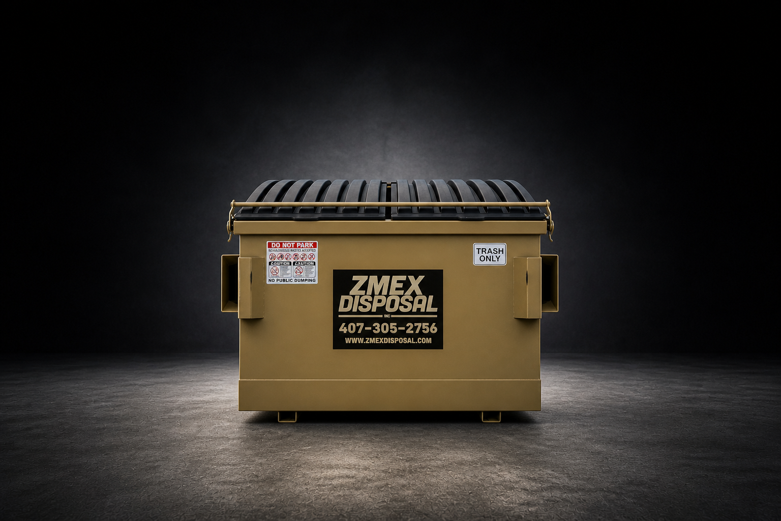 ZMEX Disposal commercial dumpster on dark studio backdrop